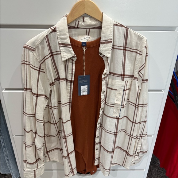 Universal Thread Tops - Universal Thread Cream and Brown long sleeve Plaid flannel Shirt with undershirt